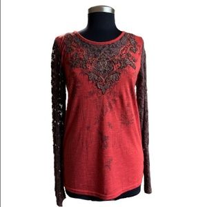 Miss Me Long Sleeve Shirt Lace Embroidered Details Burnt Orange Brown Medium
